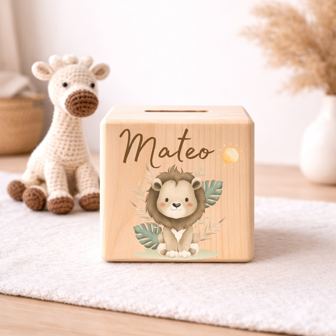 Personalisierte Spardose aus Holz - Safari Tiere