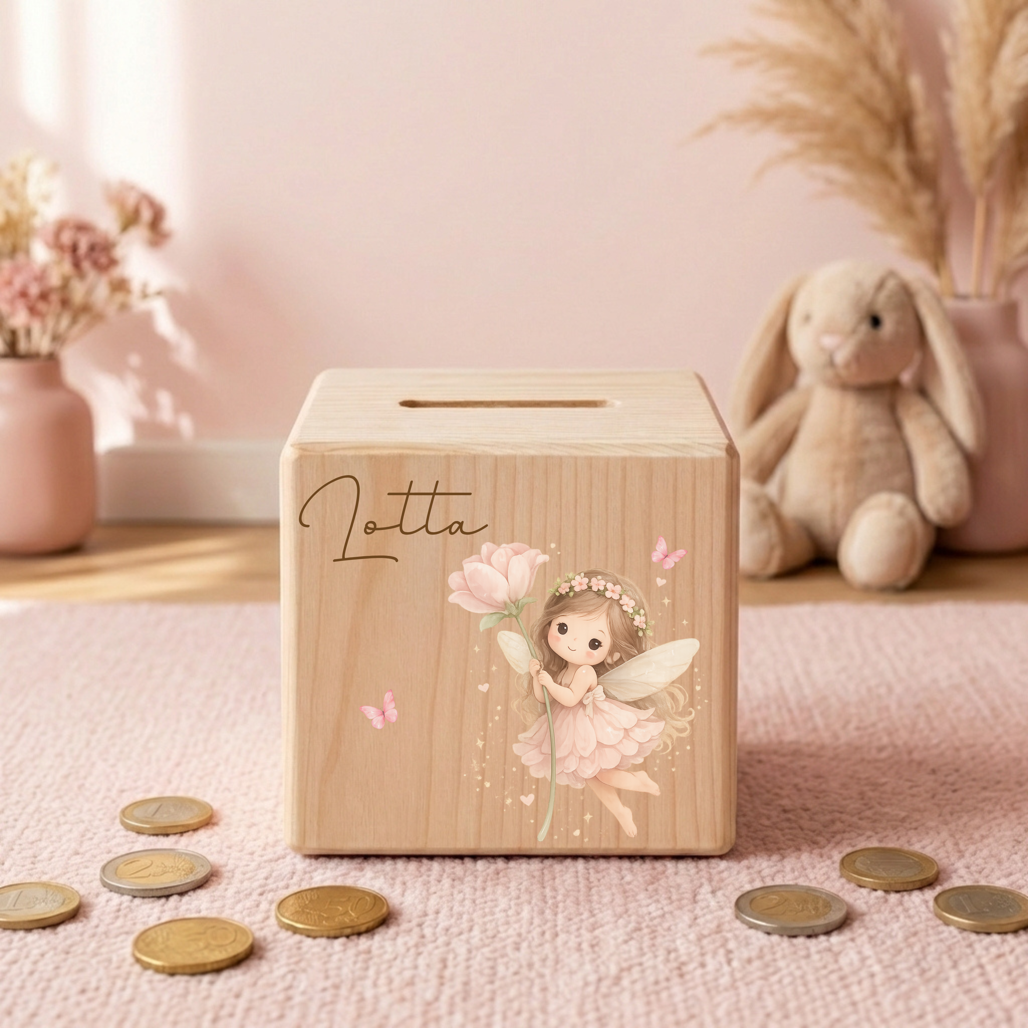 Personalisierte Spardose aus Holz - Fee Motive