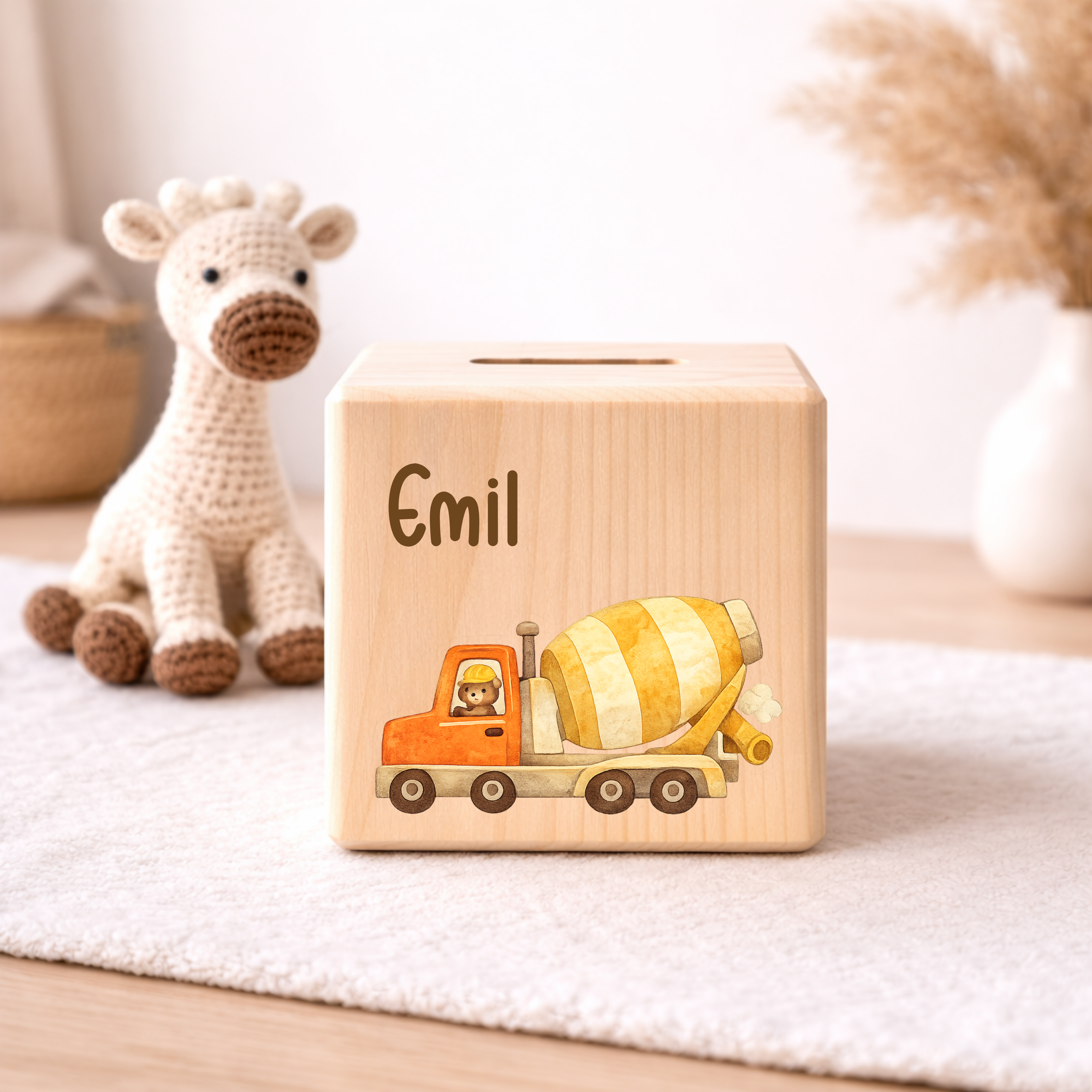 Personalisierte Spardose aus Holz - Baustelle