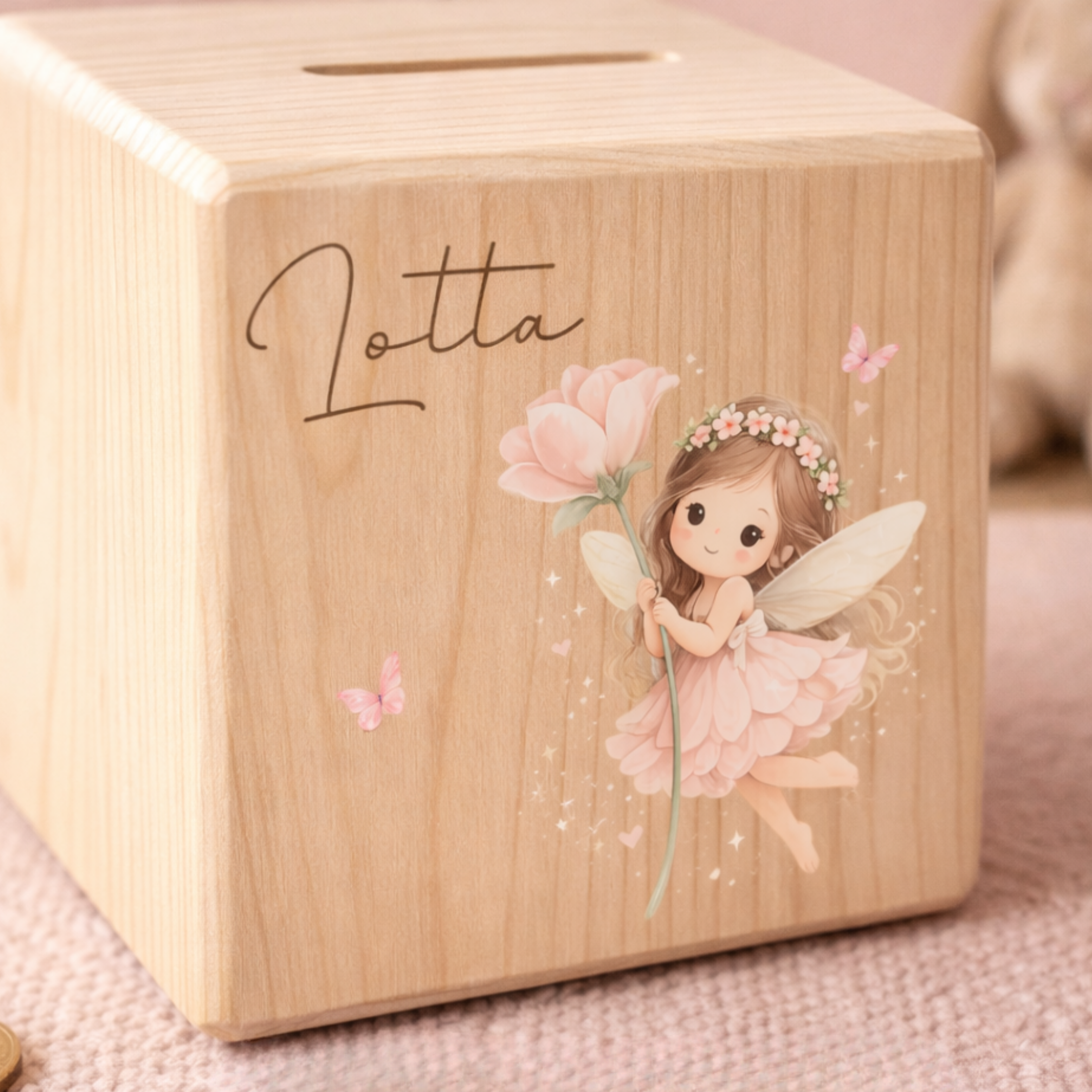 Personalisierte Spardose aus Holz - Fee Motive