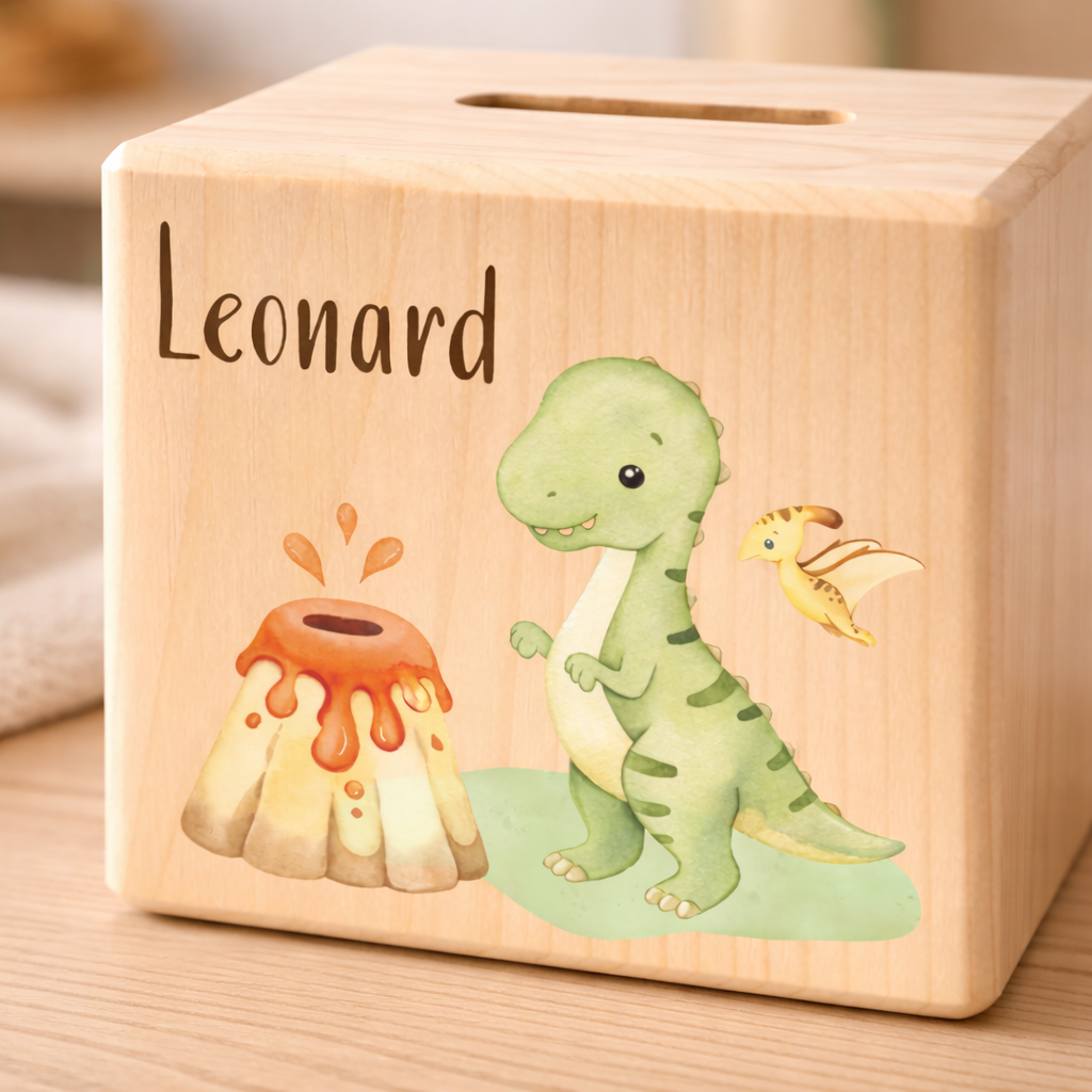 Personalisierte Spardose aus Holz - Dino