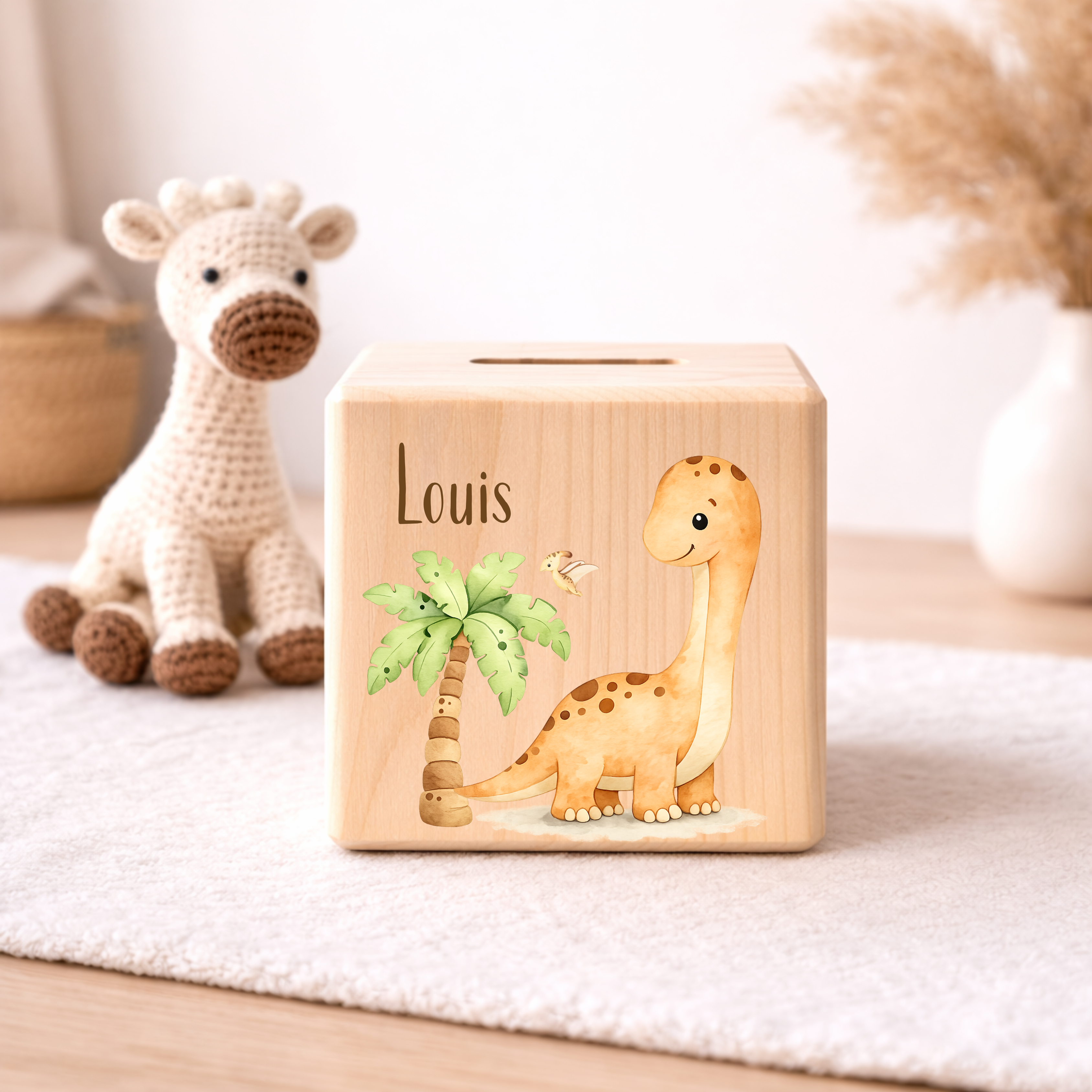 Personalisierte Spardose aus Holz - Dino