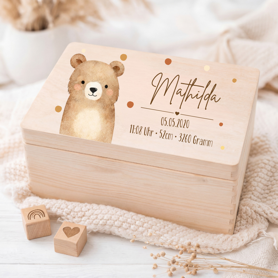 Personalisierte Erinnerungsbox aus Holz mit Namen – Aquarell Skandi Waldtiere – Geschenk zur Geburt & Taufe