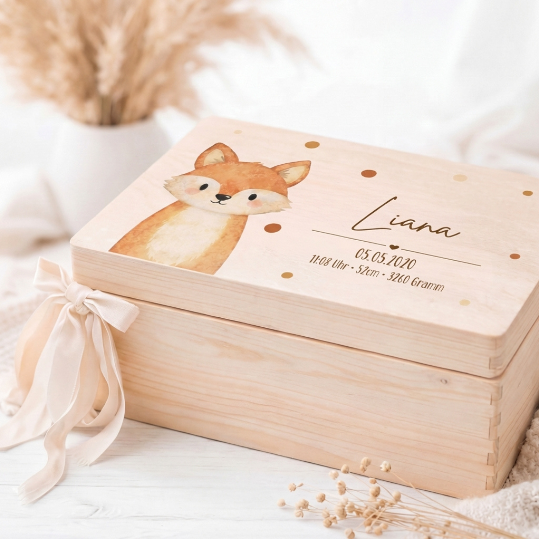 Personalisierte Erinnerungsbox aus Holz mit Namen – Aquarell Skandi Waldtiere – Geschenk zur Geburt & Taufe