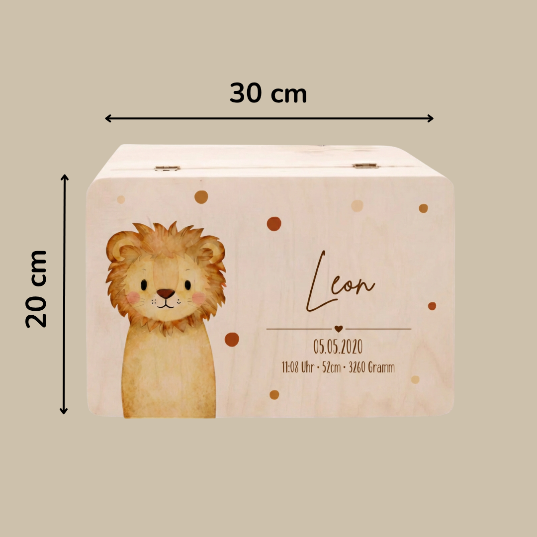 Personalisierte Erinnerungsbox aus Holz mit Namen – Aquarell Skandi Waldtiere – Geschenk zur Geburt & Taufe