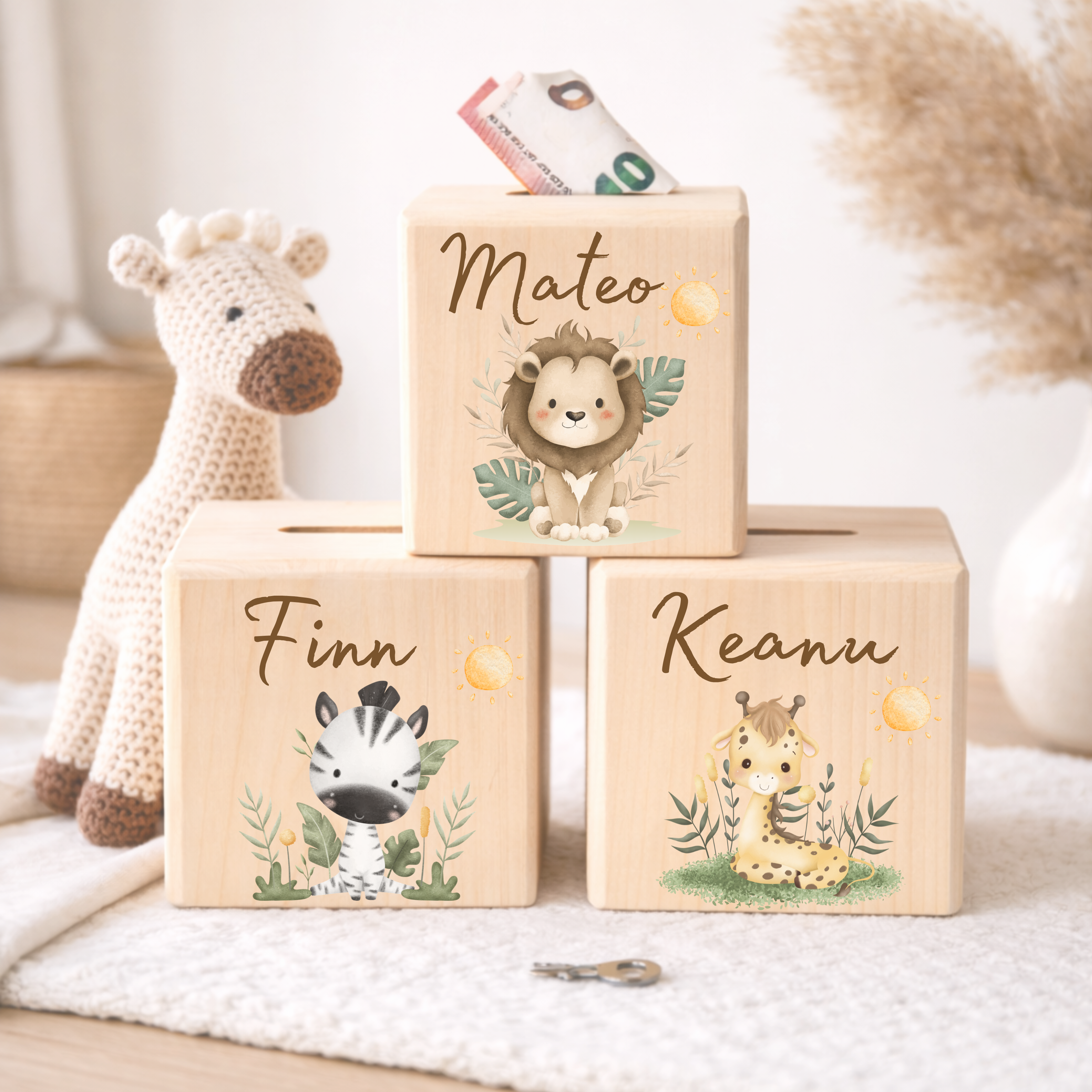 Personalisierte Spardose aus Holz - Safari Tiere