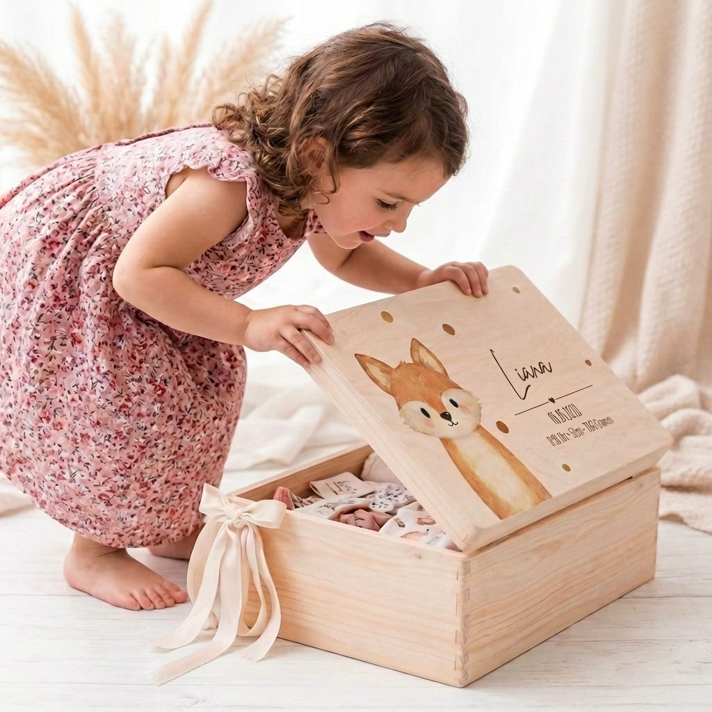 Personalisierte Erinnerungsbox aus Holz mit Namen – Aquarell Skandi Waldtiere – Geschenk zur Geburt & Taufe