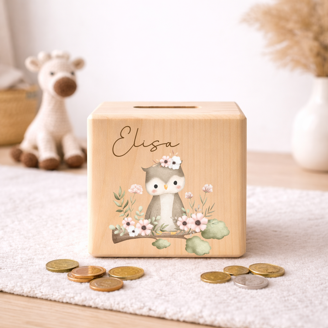 Personalisierte Spardose aus Holz - Waldtiere