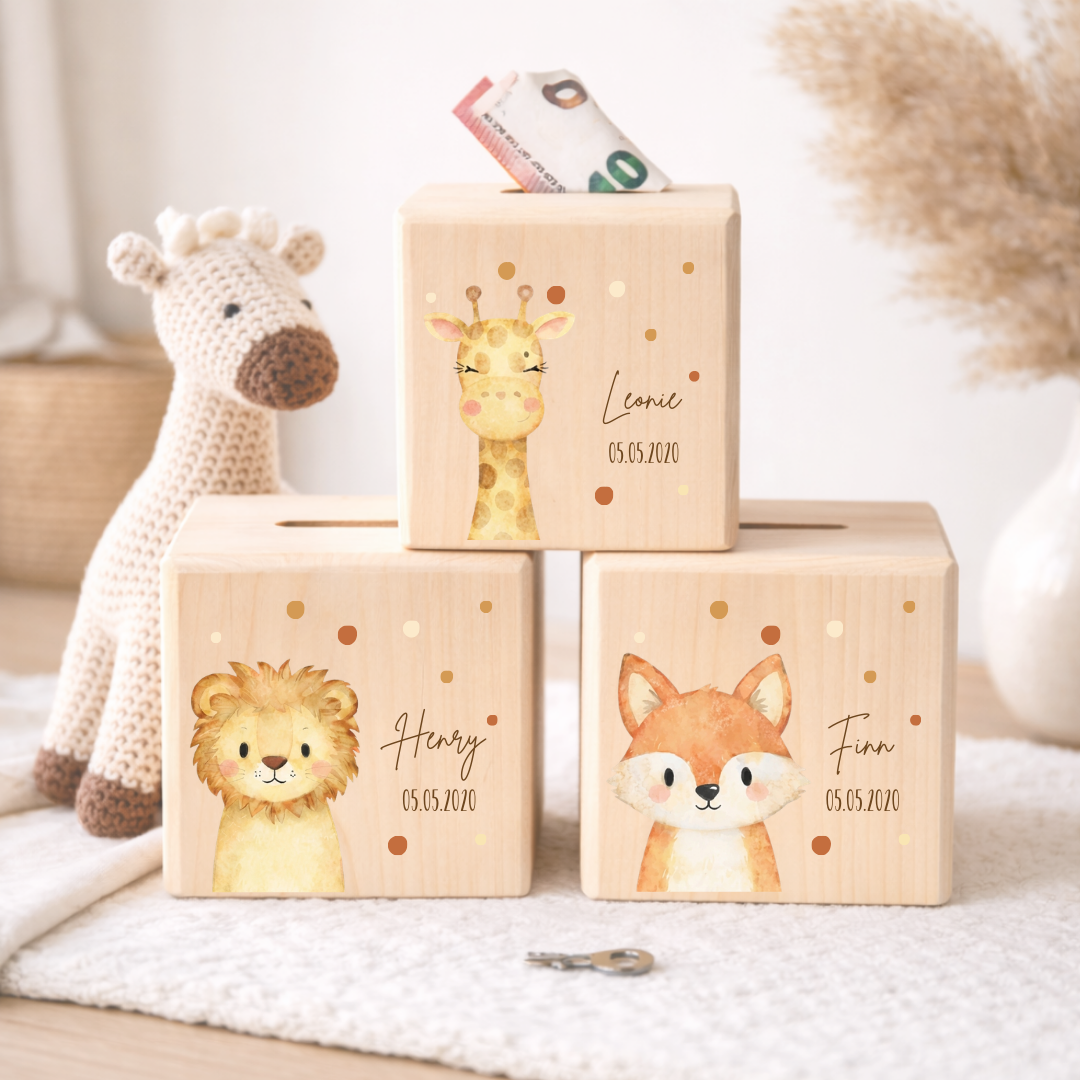 Personalisierte Spardose mit Waldtier | Skandi Watercolor Stil | Kinder Spardose mit Namen