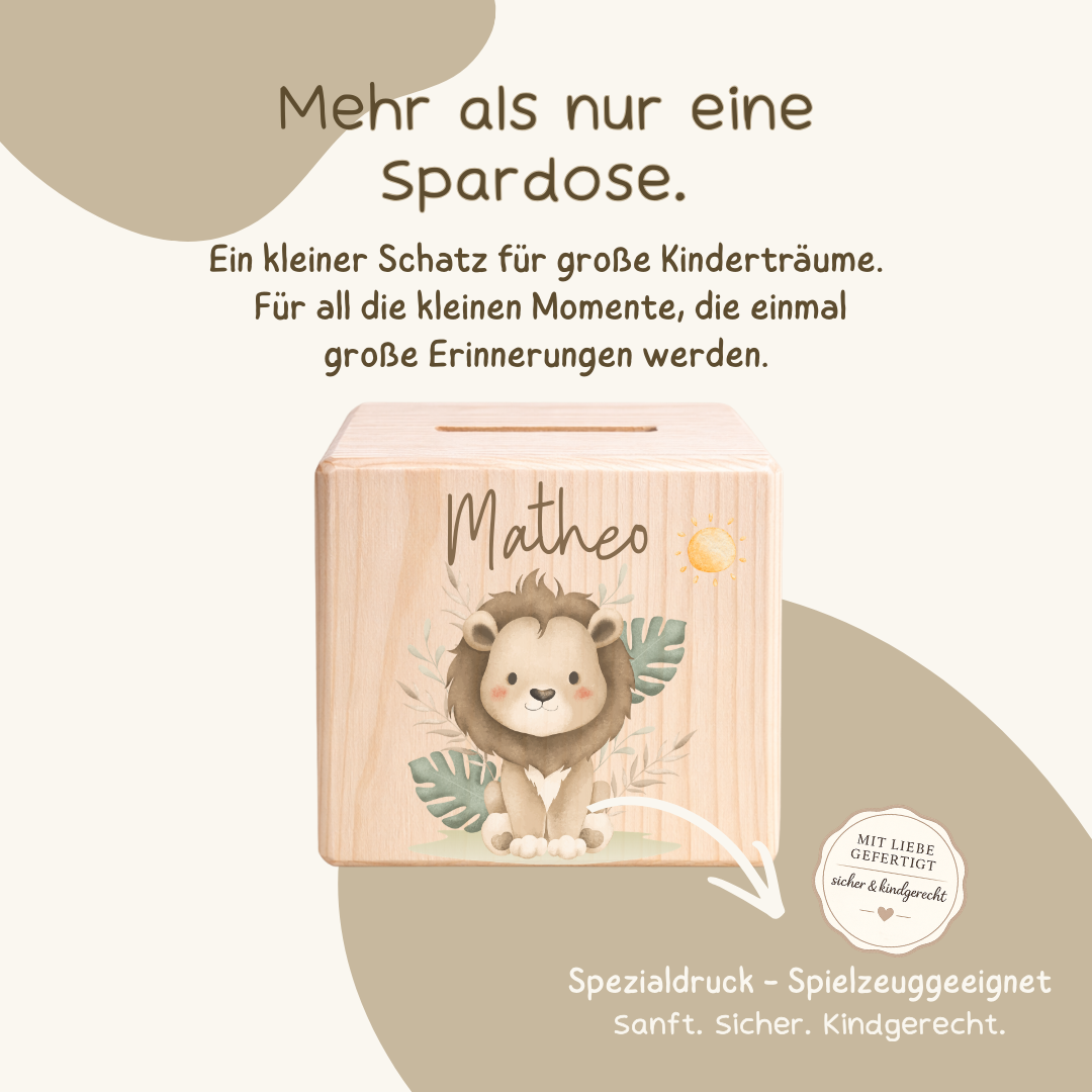 Personalisierte Spardose aus Holz - Safari Tiere