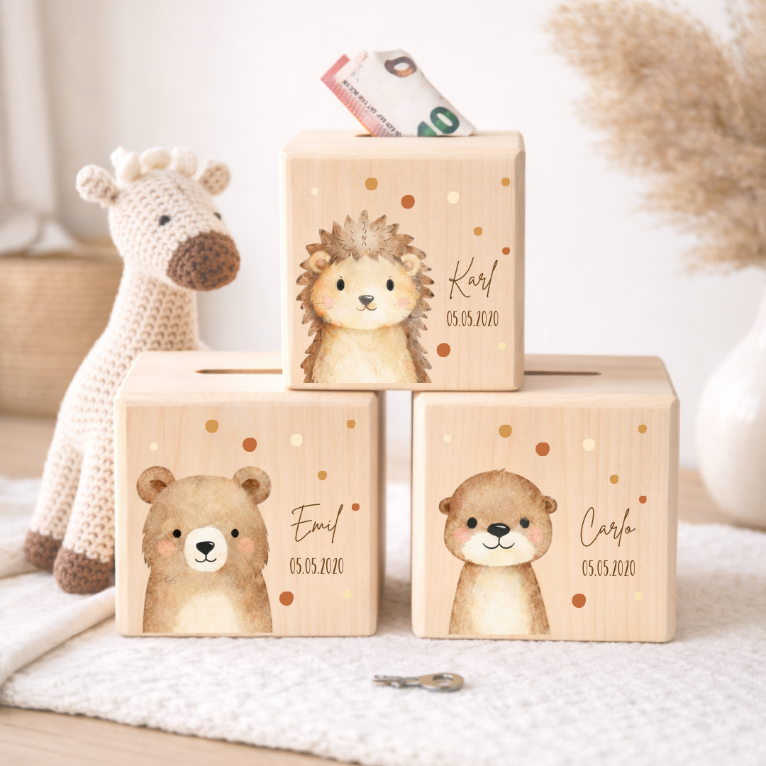 Personalisierte Spardose mit Waldtier | Skandi Watercolor Stil | Kinder Spardose mit Namen