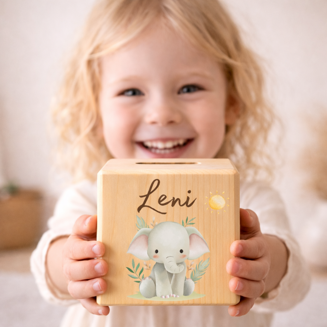 Personalisierte Spardose aus Holz - Safari Tiere