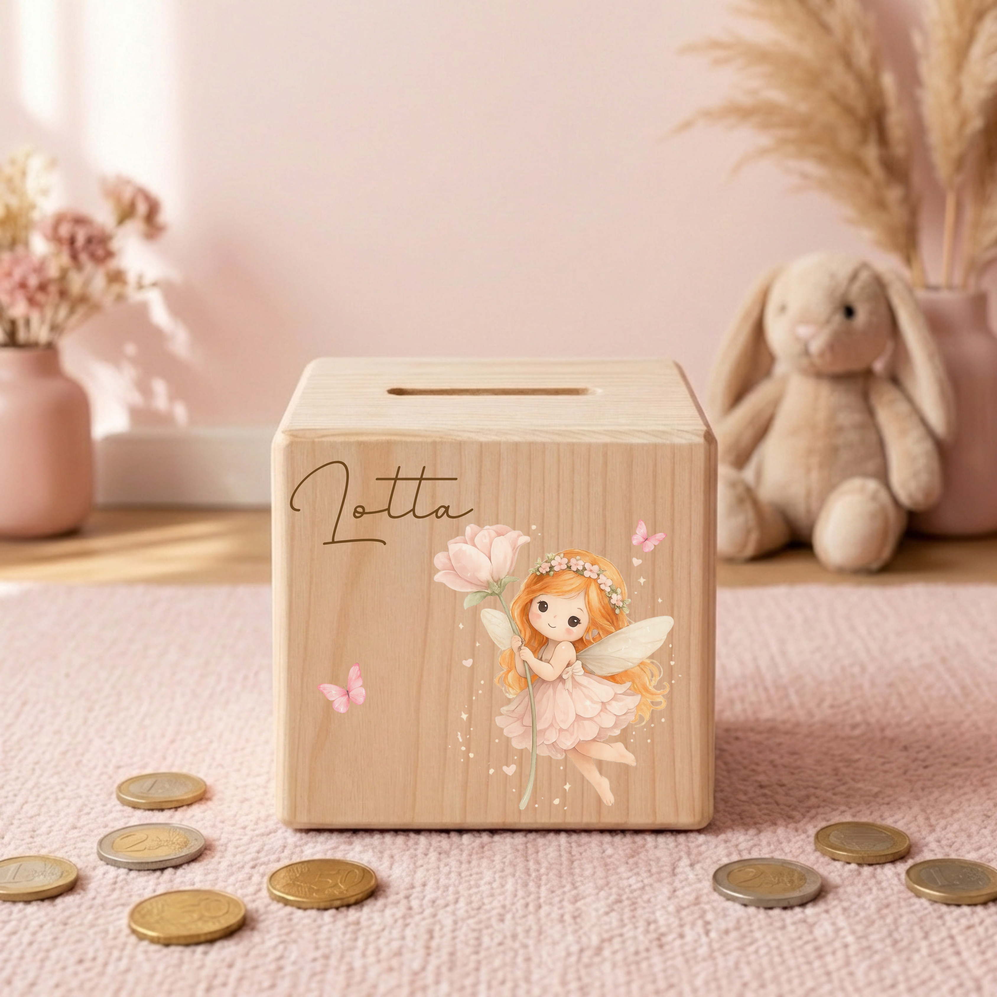 Personalisierte Spardose aus Holz - Fee Motive