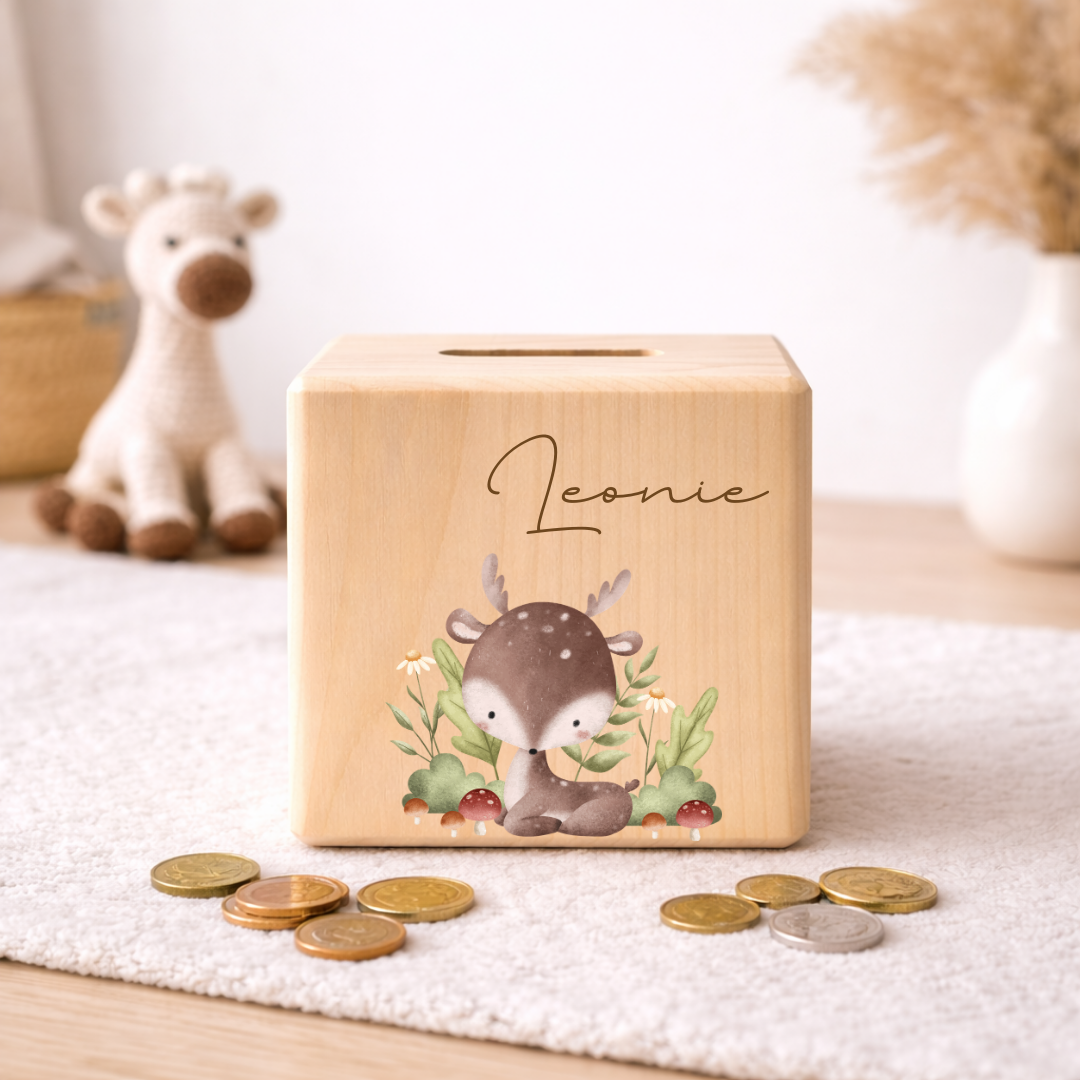 Personalisierte Spardose aus Holz - Waldtiere