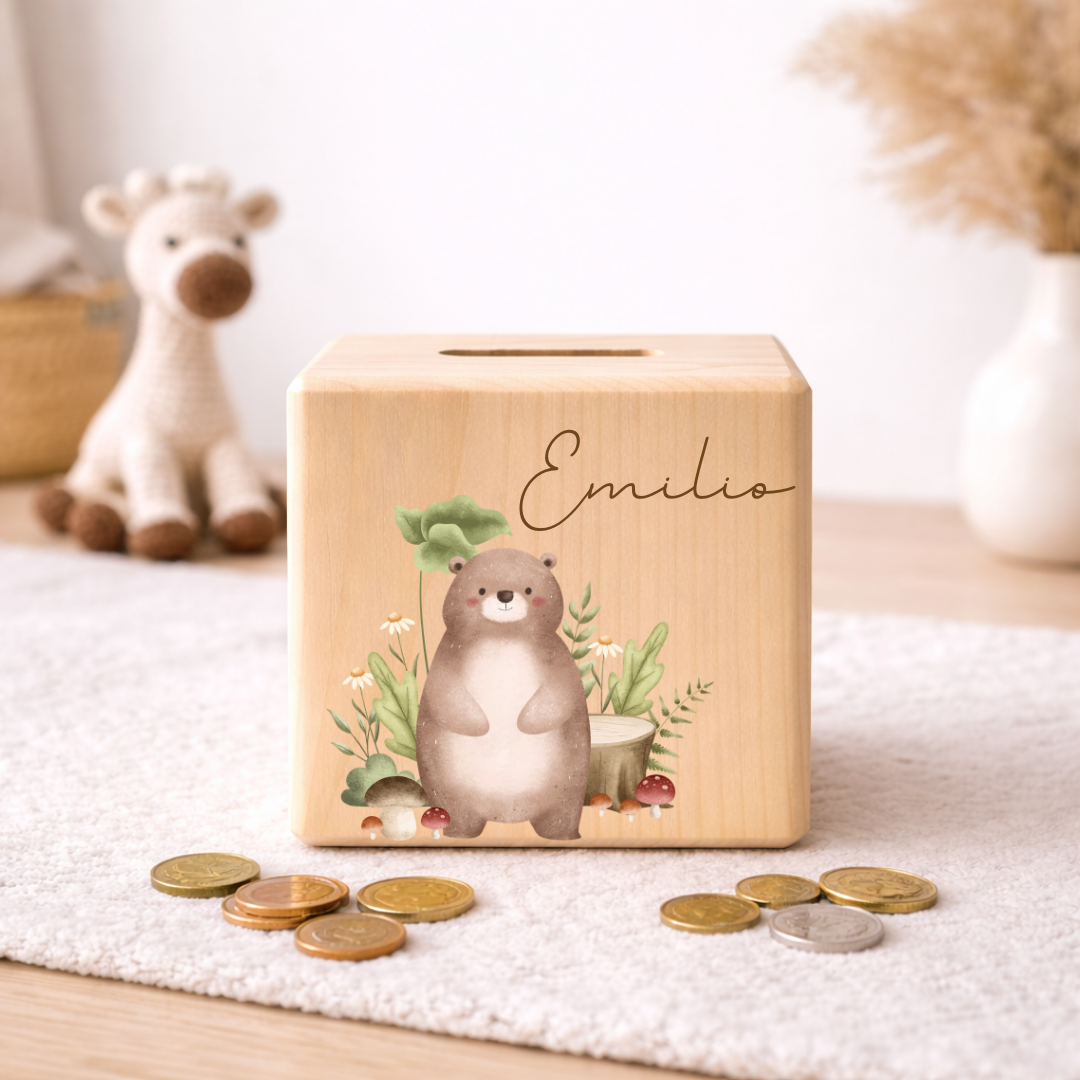 Personalisierte Spardose aus Holz - Waldtiere