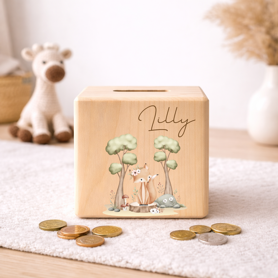 Personalisierte Spardose aus Holz - Waldtiere