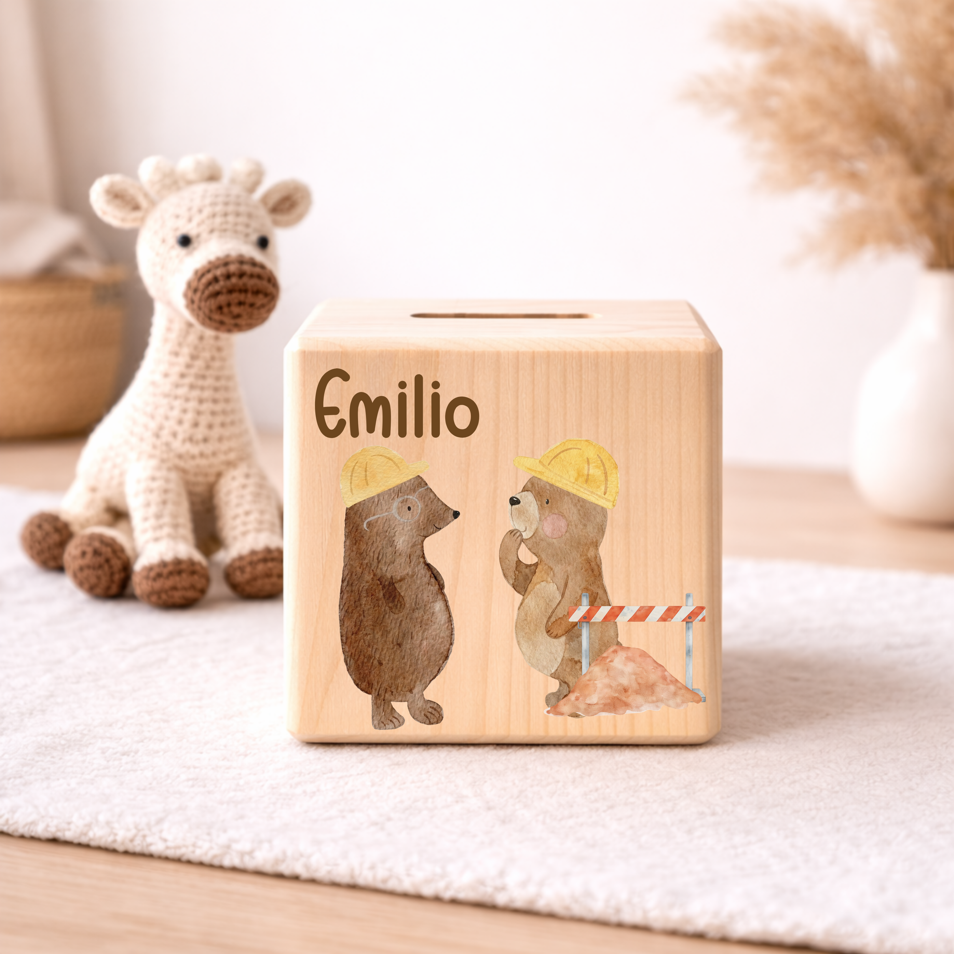 Personalisierte Spardose aus Holz - Baustelle