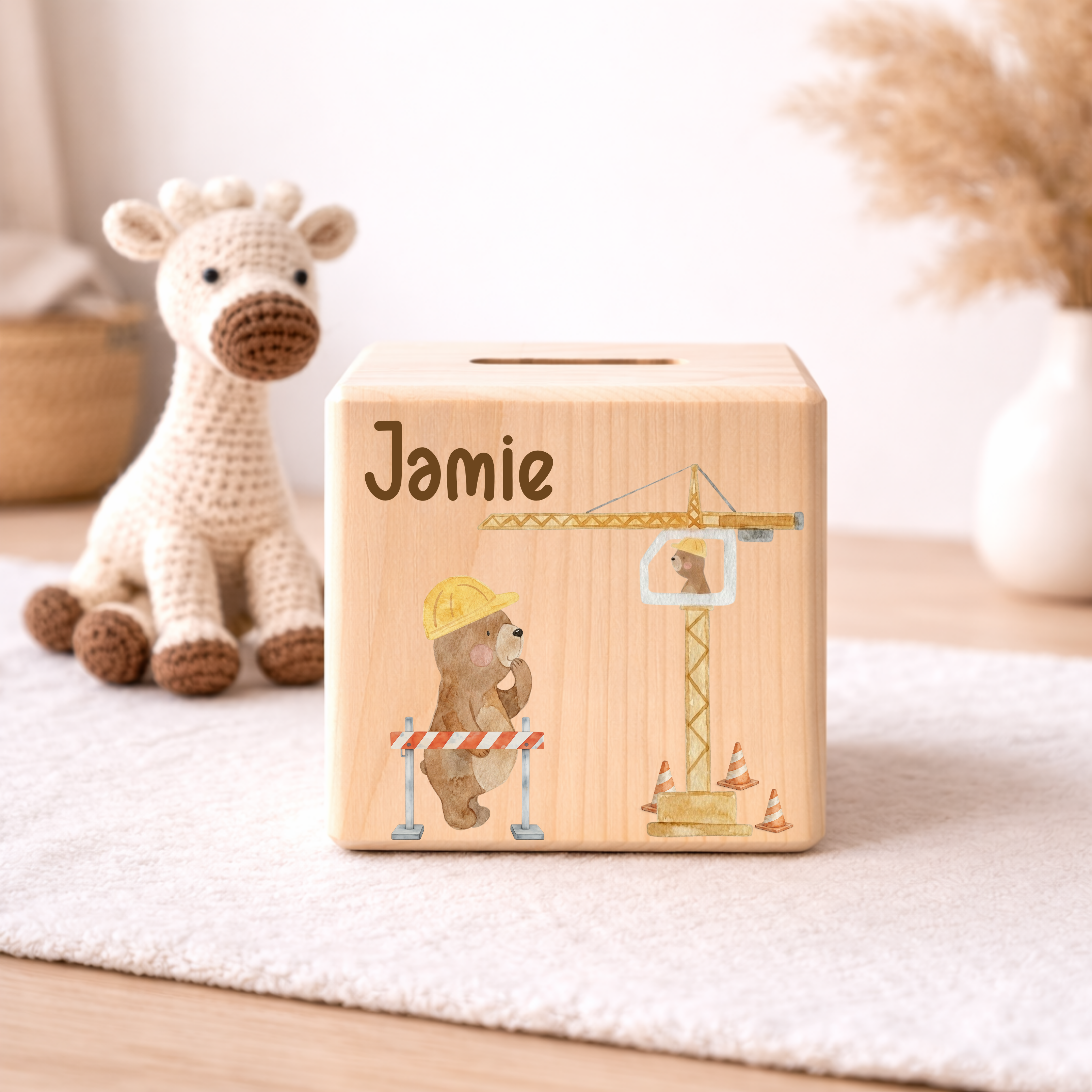Personalisierte Spardose aus Holz - Baustelle