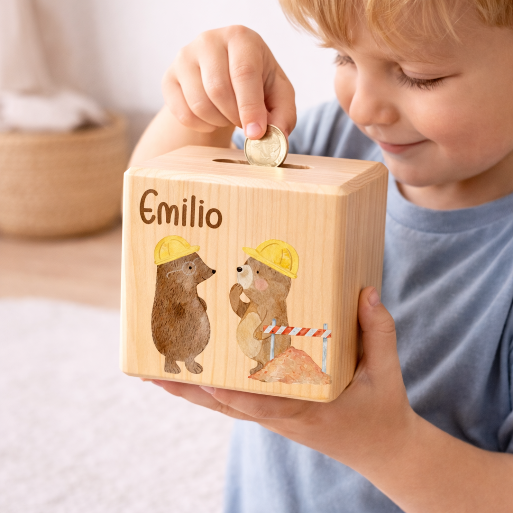 Personalisierte Spardose aus Holz - Baustelle