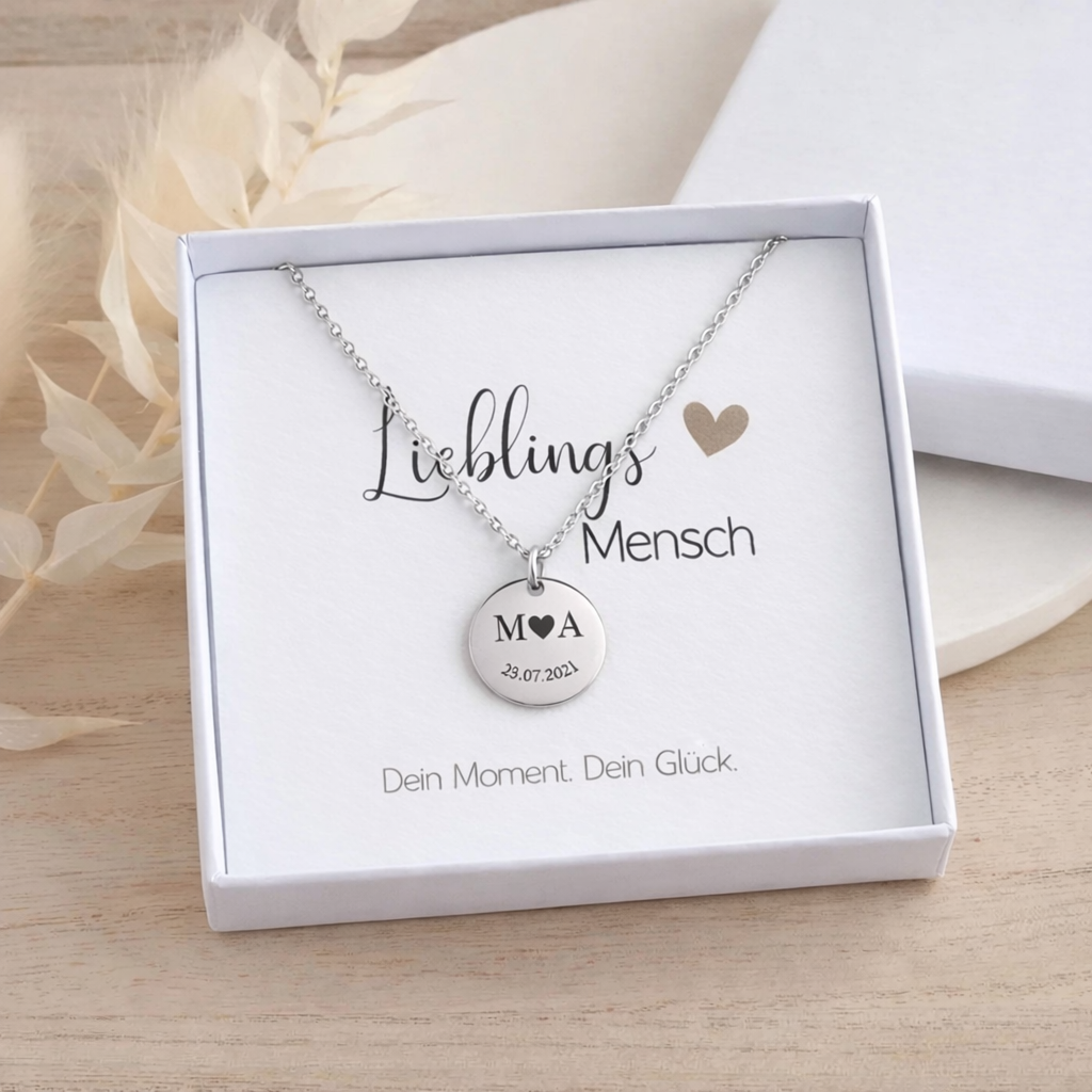 Personalisierte Coin Kette – Initialen & Datum Gravur