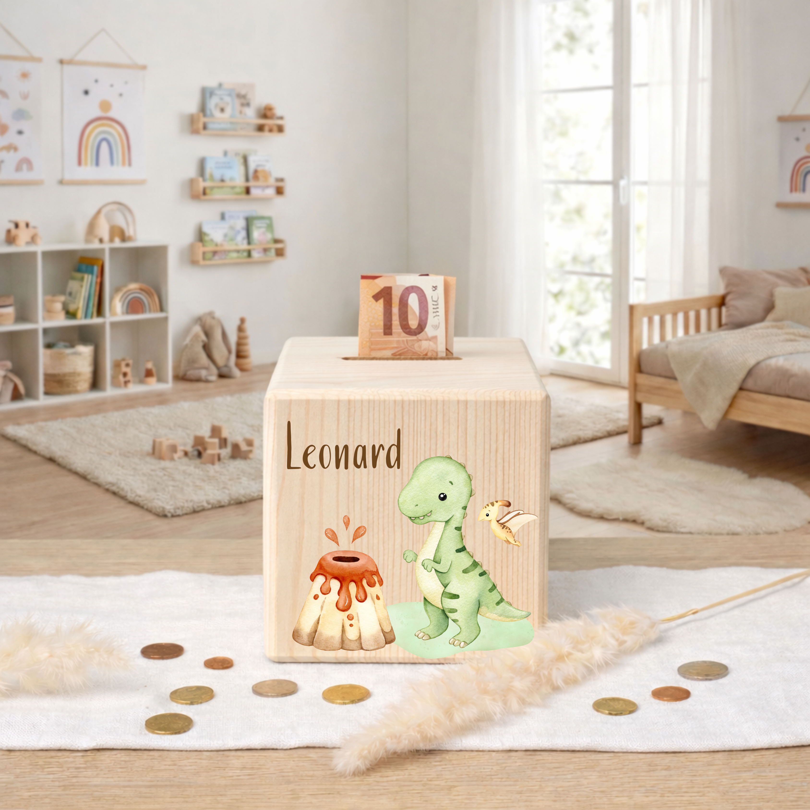 Personalisierte Spardose aus Holz - Dino