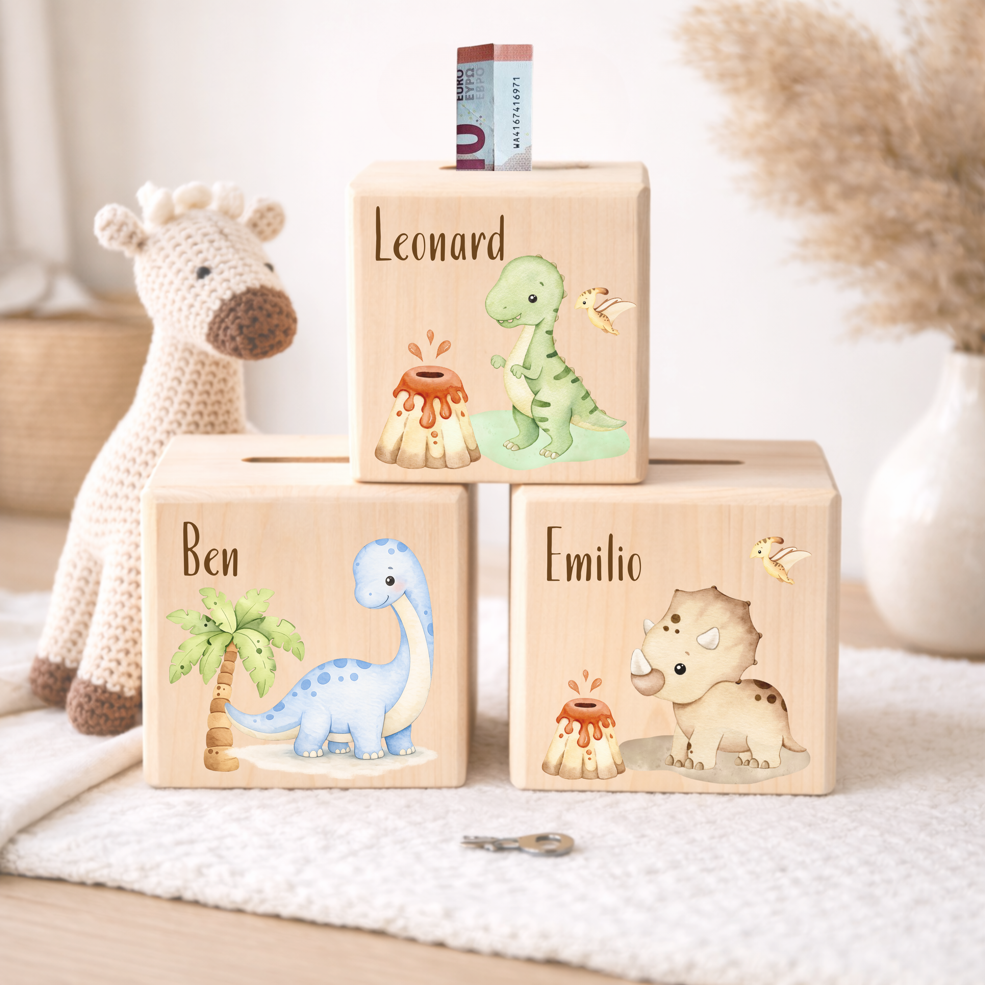 Personalisierte Spardose aus Holz - Dino
