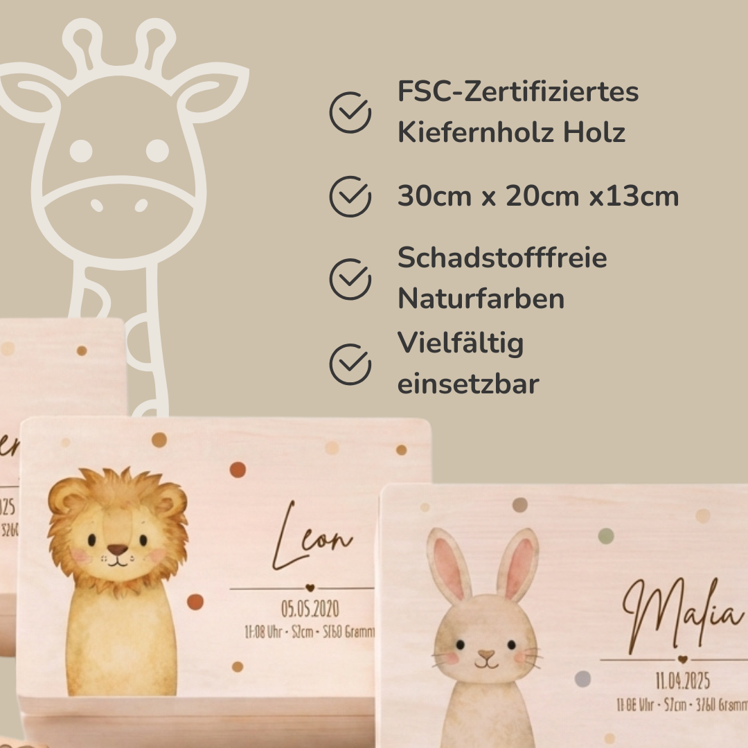 Personalisierte Erinnerungsbox aus Holz mit Namen – Aquarell Skandi Waldtiere – Geschenk zur Geburt & Taufe