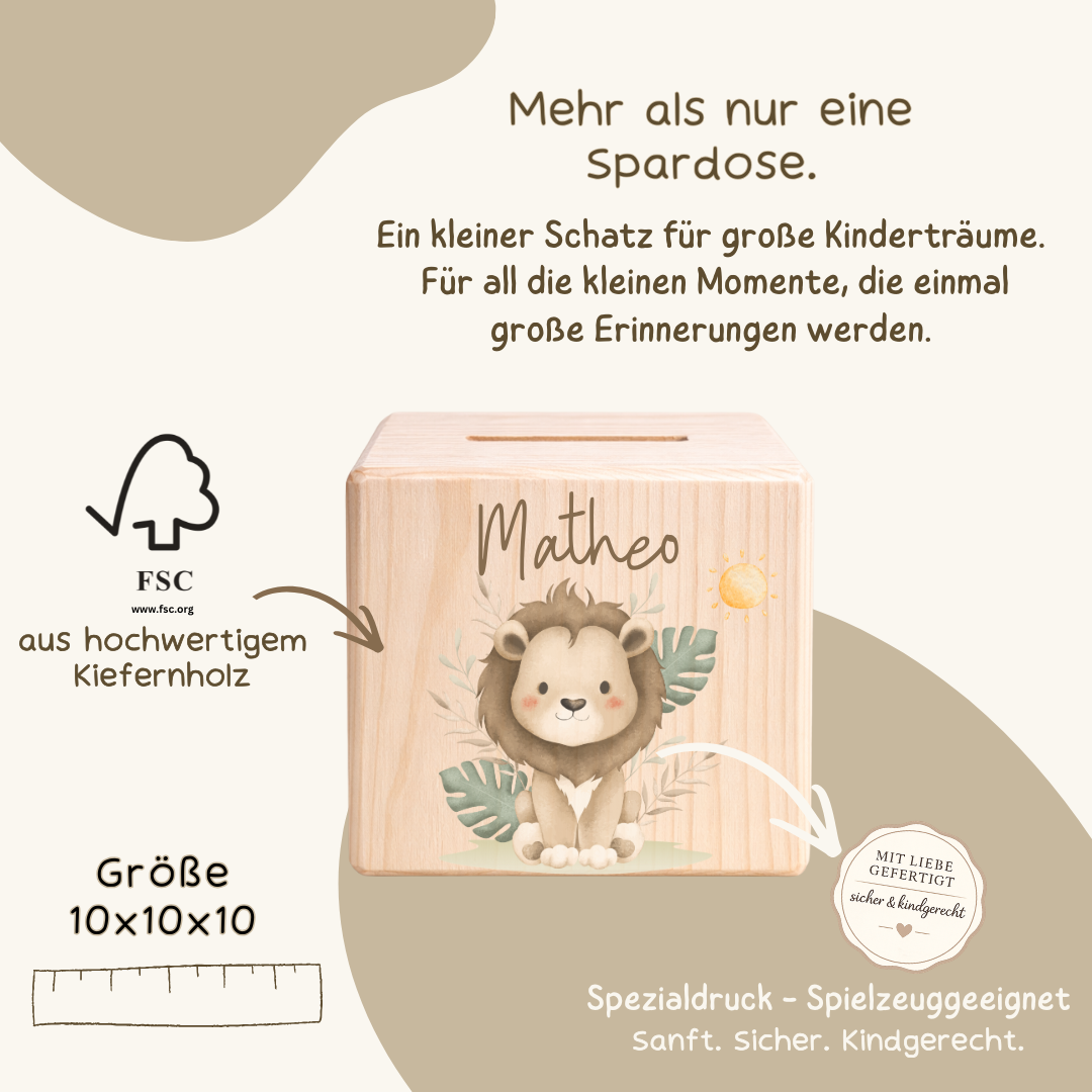 Personalisierte Spardose aus Holz - Waldtiere