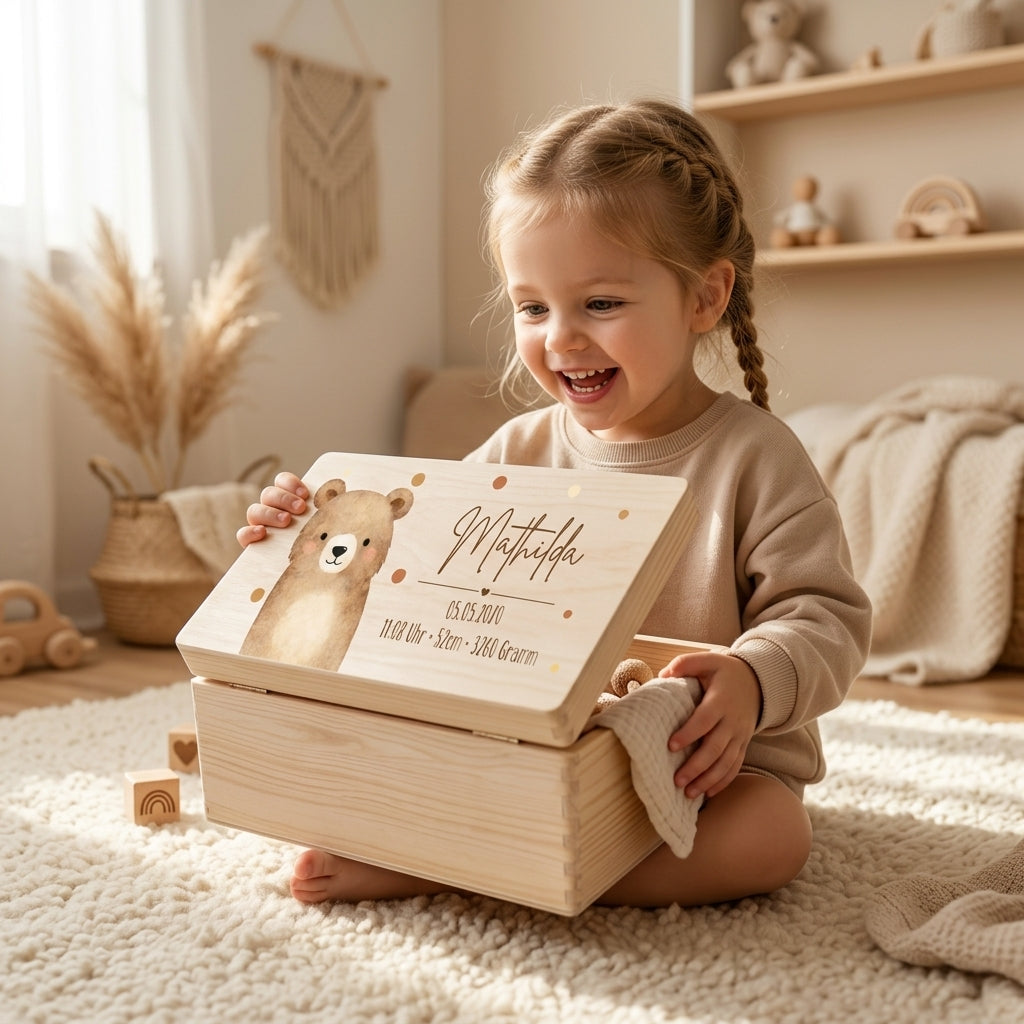 Personalisierte Erinnerungsbox aus Holz mit Namen – Aquarell Skandi Waldtiere – Geschenk zur Geburt & Taufe